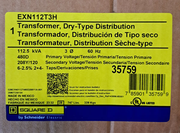 New Square D 112.5kVA Transformer Dry Type