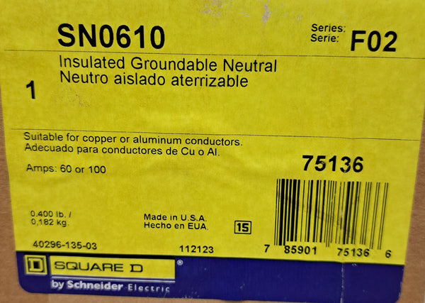 NEW Square D Insulated Groundable Neutral Series F02